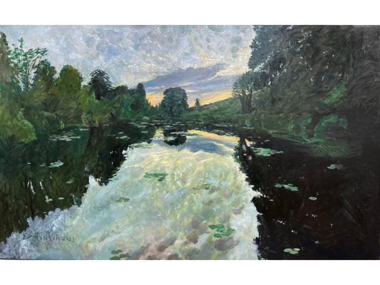 Monet's Pond, Evening, by Eric Alexander Santoli, painted in oils on location in Giverny, France in 2023