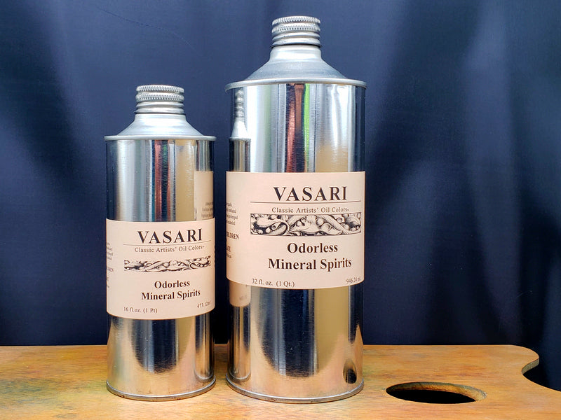 Odorless Mineral Spirits in round pint (at left) and quart (at right) size cans