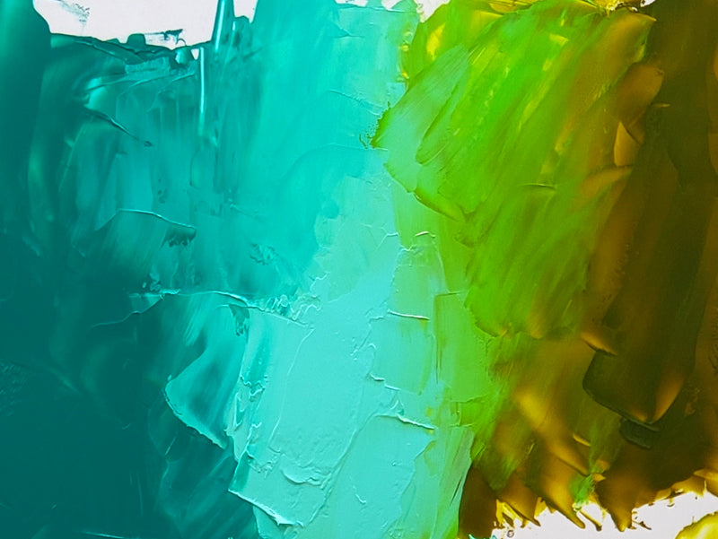 Shown here is Alpine Green at left and Swamp Green at far right. In the center is Jade Green Extra Pale tinting the Alpine Green, acting like a white. But when Jade Green Extra Pale mixes with the Swamp Green, a new brighter and more transparent green mixture is created from the yellow mixing Swamp Green.