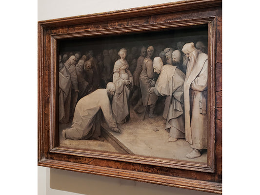 Christ and the Woman taken in Adultery by Pieter Bruegel the Elder, 1565, oil paint on wood panel (oak). This first example of grisaille painting uses a limited palette of white and neutral earths. Image taken at The Courtauld Gallery, London, where it resides.