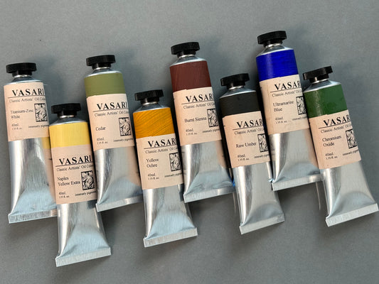 Corot Landscape Set of 8 tubes 40ml size imaged here from left to right: Titanium-Zinc White, Naples Yellow Extra, Cedar, Yellow Ochre, Burnt Sienna, Raw Umber, Ultramarine Blue, Chromium Oxide
