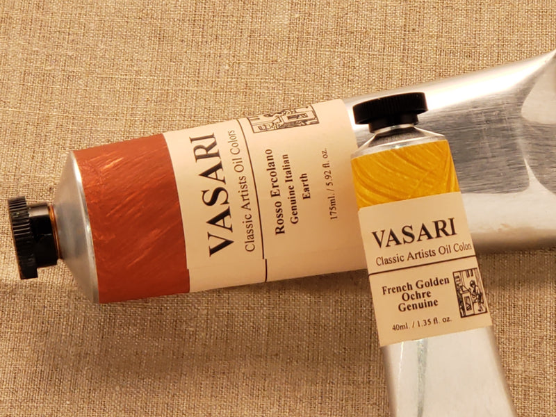 Large tube of Italian Rosso Ercolano and small tube of French Golden Ochre