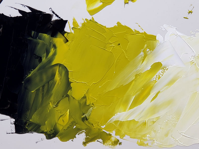 Imaged right from the tube at center is our Rousseau Green with Ivory Black at left and Titanium White at far right. Mixing Ivory Black into the Rousseau Green at center left, makes the Rousseau more dimensional and atmospheric as it deepens the value. Adding Titanium White to it from the lower right brings out the yellow undertone of the Rousseau.