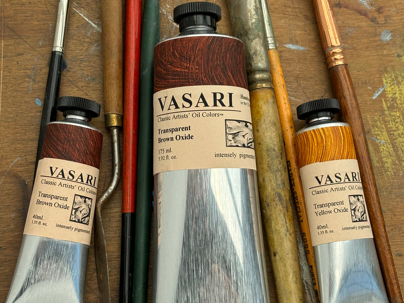 Small 40ml size tube of Transparent Yellow Oxide at right, shown here with both Large 175ml and small 40ml tubes of Transparent Brown Oxide.