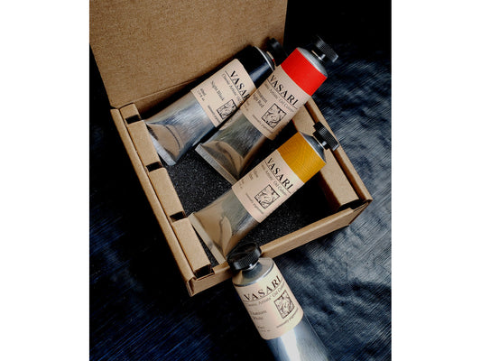 Our Modern Zorn Limited Palette set of four colors in 40ml size tubes, from top to bottom is Night Black,Permanent Bright Red, Yellow Ochre, and Titanium White.