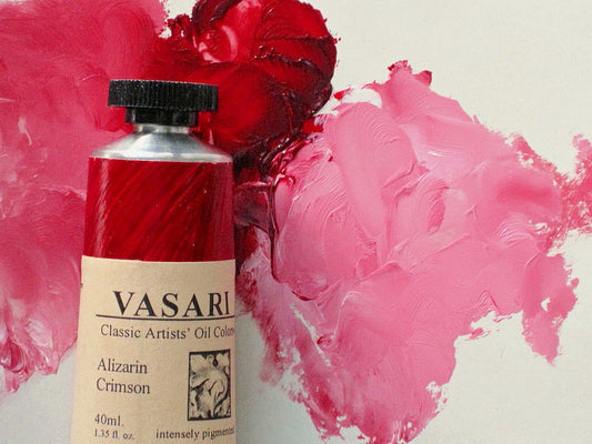 Hand labeled tube of Alizarin Crimson imaged with the paint right from the tube in the background...tinted at left with traditional Flake White and tinted at right with the more opaque, cooler and stronger Titanium-Zinc White.