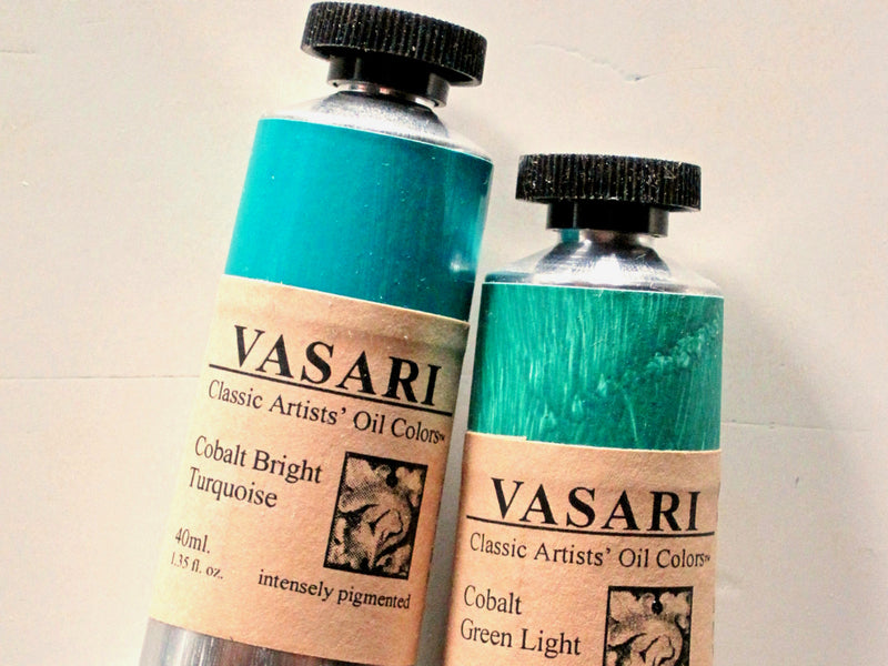 40ml tubes of Cobalt Bright Turquoise at left with Cobalt Green Light at right featuring their hand painted labels of actual paint.