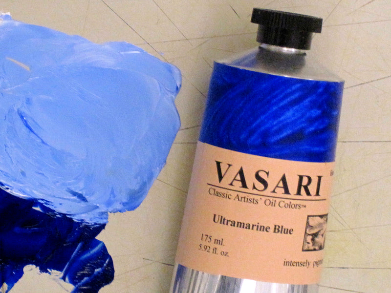 Large 175ml tube of Ultramarine Blue showing handpainted label and mixture with white to its left.