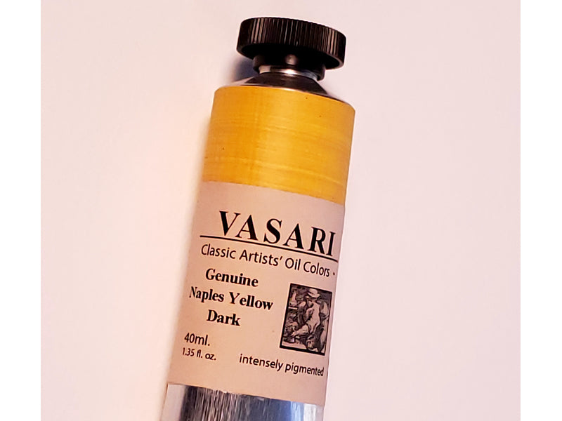 40ml size tube of our Naples Yellow Dark Genuine showing traditional labeling with the actual color hand painted at top.