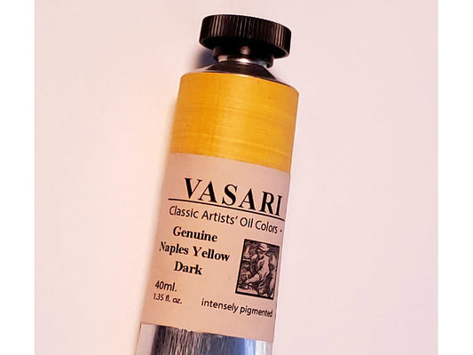 40ml size tube of our Naples Yellow Dark Genuine showing traditional labeling with the actual color hand painted at top.