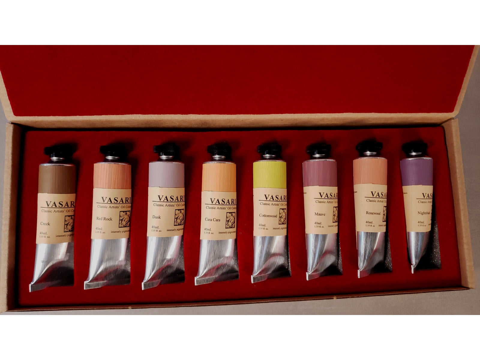 Canyonlands Color and Light - new set of 8 chromatic grays in foam lined box showing Creek, Red Rock, Dusk, Cara Cara, Cottonwood, Mauve, Rosewood, and Nightshade in 40ml size tubes