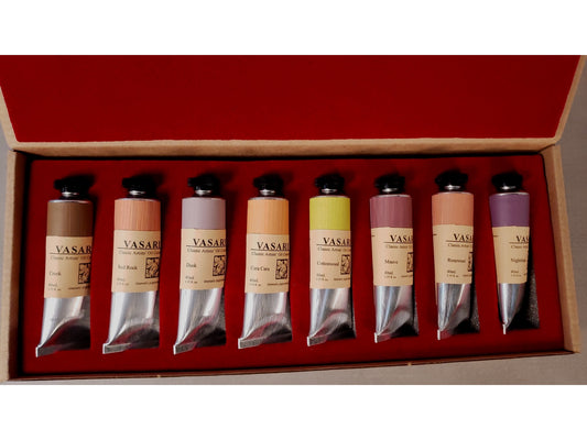 Canyonlands Color and Light - new set of 8 chromatic grays in foam lined box showing Creek, Red Rock, Dusk, Cara Cara, Cottonwood, Mauve, Rosewood, and Nightshade in 40ml size tubes