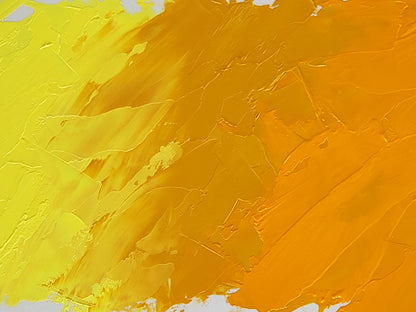 Brilliant Lemon Light shown at left mixing into Naples Orange at center. Cadmium Yellow Deep is at far right.