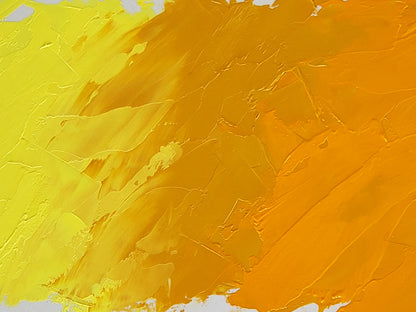 Brilliant Lemon Light shown at left mixing into Naples Orange at center. Cadmium Yellow Deep is at far right.