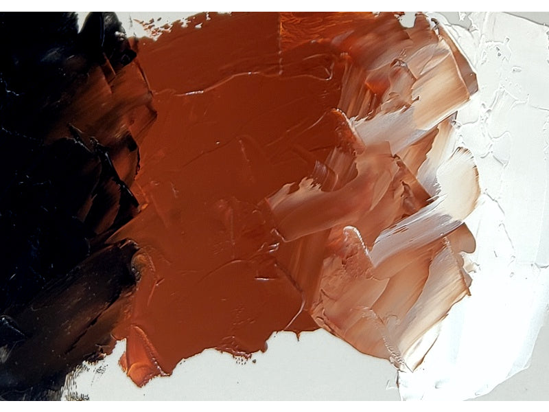 Burnt Sienna at center with Ivory Black mixing in at left, and Titanium White mixing into and tinting the Burnt Sienna from the right