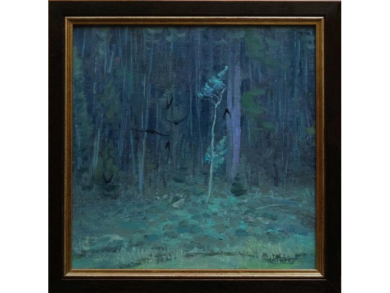 Crazy Woman Canyon by Seth Tummins, oil, depicts edge of woodland at dusk