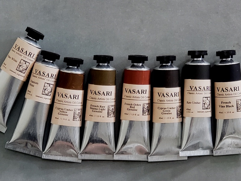 Colors for a Grisaille Palette shown here, from left to right, offers two distinctly different whites, five neutral earth colors and a rich black, as a limited palette to follow traditional Atelier training.