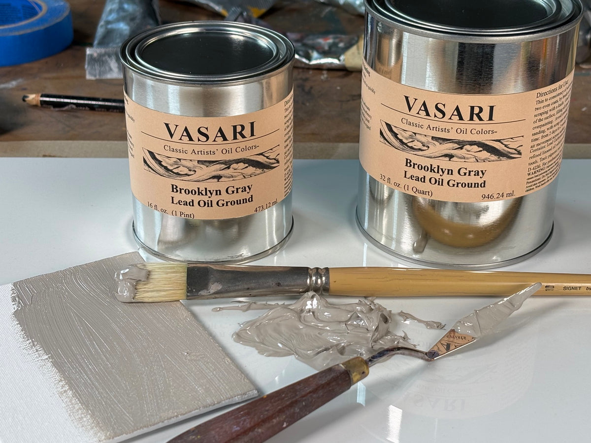Brooklyn Gray Lead Oil Ground in cans and shown brushing onto canvas