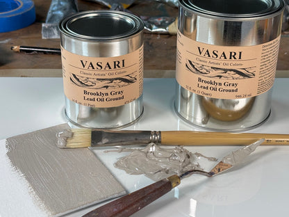 Brooklyn Gray Lead Oil Ground in cans and shown brushing onto canvas