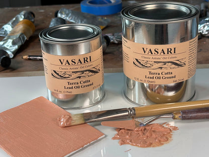Terra Cotta Lead Oil Ground in cans and shown brushed onto canvas