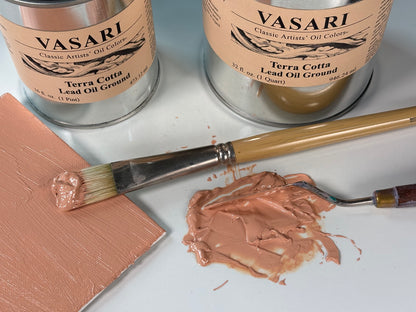 new Terra Cotta Lead Oil Ground in cans and shown up-close on palette, brush and canvas