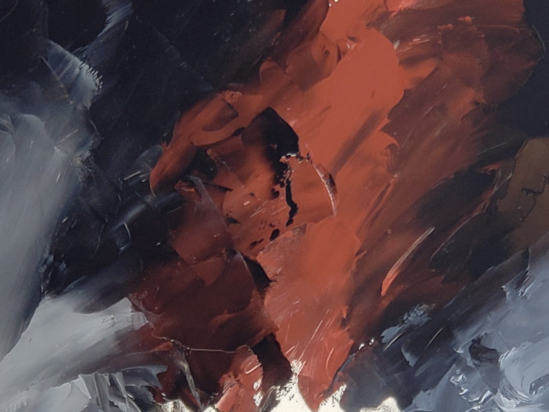 Shown here at left is the Ivory Black and mixing into Mars Orange at center, without dulling it. By contrast, Lamp Black (far right) clouds over the Mars Orange at center and creates a darker and colder tint with the white at lower right corner compared to the warmer and lighter tint created with Ivory Black at lower left corner.