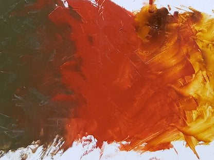 Mars Orange is at center with Mars Olive mixing into it from the left and Transparent Yellow Oxide mixing into it from the right as the TYO also creates greater transparency.