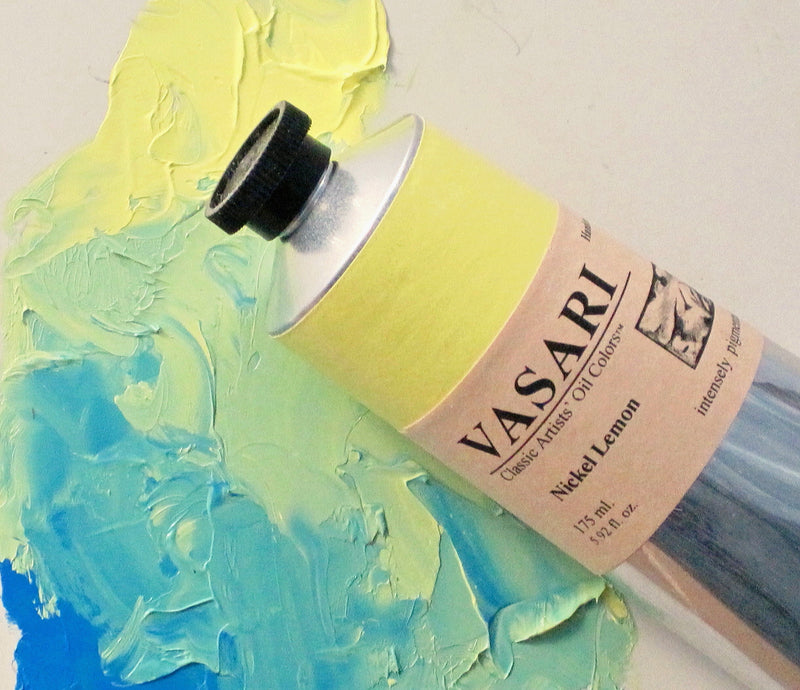 Large 175ml tube of Nickel Lemon imaged here above actual paint using Nickel Lemon and our Video Blue to create a soft but opaque pale green mixture, cool in tone.