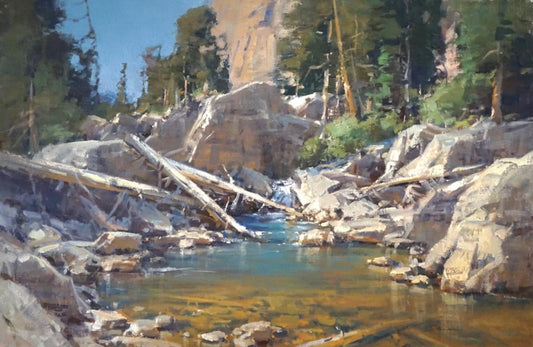 Oil painting, North Fork Canyon, by Scott L Christensen, depicting his use of chromatic grays in the western landscape.