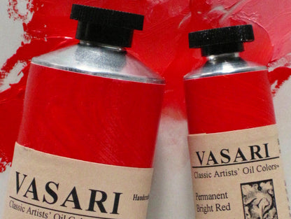 Permanent Bright Red close up of large 175ml tube at left and the 40ml tube at right with our handpainted color labels on the tubes and the actual paint behind them