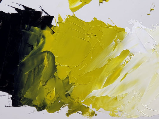 Imaged right from the tube at center is our Rousseau Green with Ivory Black at left and Titanium White at far right. Mixing Ivory Black into the Rousseau Green at center left, makes the Rousseau more dimensional and atmospheric as it deepens the value. Adding Titanium White to it from the lower right brings out the yellow undertone of the Rousseau.