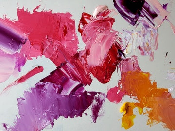 Mixtures with Ruby Red and Ruby Violet. Adding a warm pink called Rosebud, at top, and a very warm Cadmium Yellow, at bottom, to modify the coolness of the Ruby Red and create unique oranges and coral pinks.