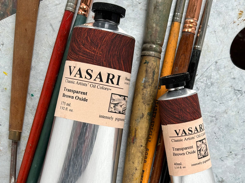 Large 175ml tube at left with small 40ml tube of Transparent Brown Oxide at right in the studio.