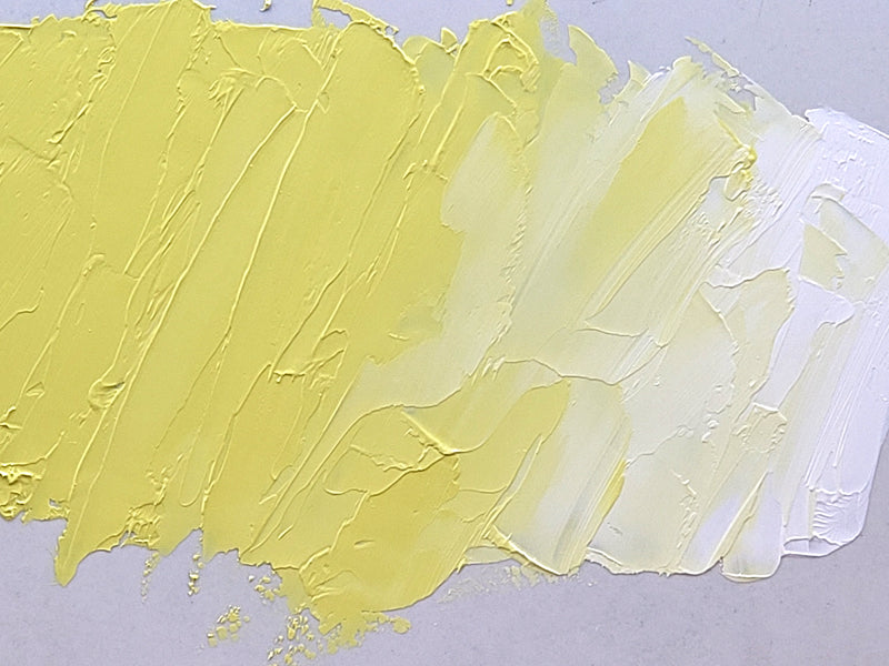 Nickel Lemon at left tinted with our pure Titanium White at far right, showing color strength of this opaque lemon.