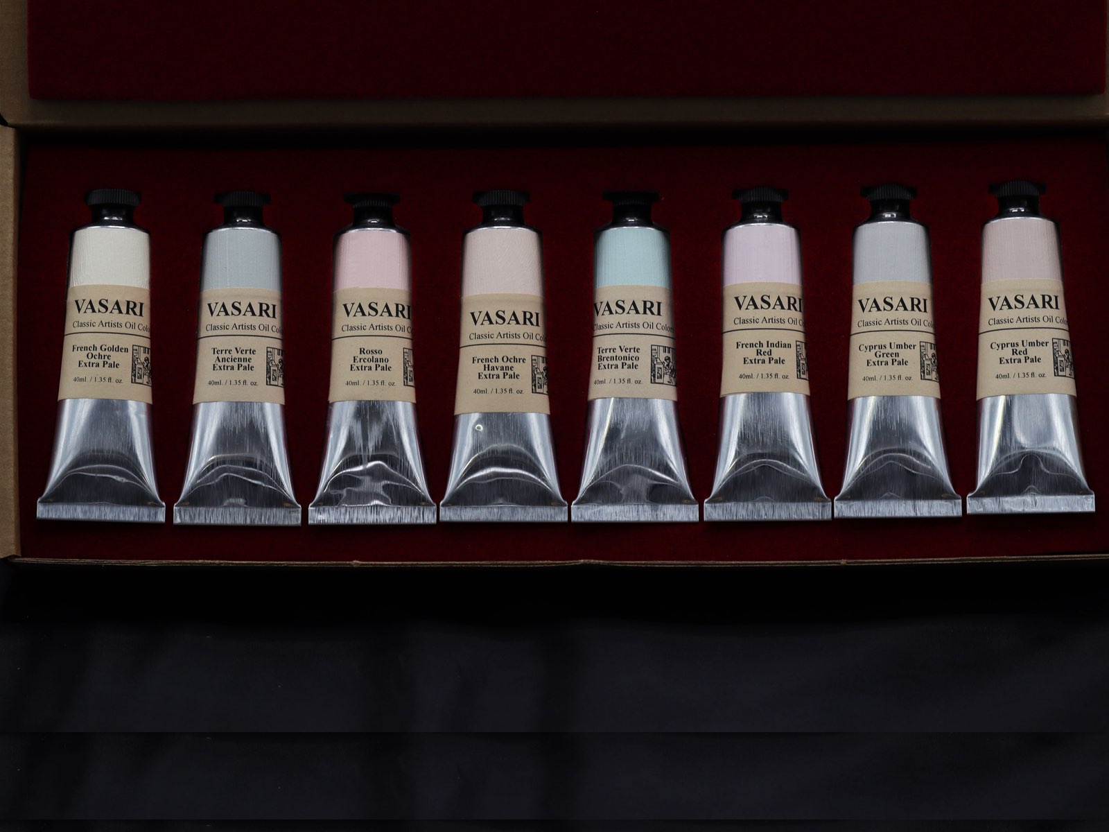 Uniquely formulated from the delicate transparent and semi-transparent natural earth pigments actually used by the Renaissance Masters of painting, this set of eight opaque tints offers subtle notes of light. 