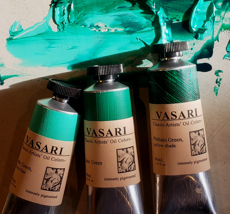 With a swipe of paint from all three above, tubes of new greens are shown below, from left to right, Jade Green Extra Pale, Jade Green, and Phthalo Green, yellow shade.
