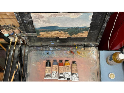 the five oil colors used by Seth Tummins to paint his plein air landscape Medanales, New Mexico