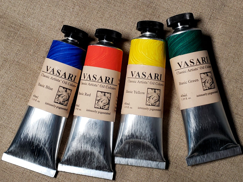 Tubes of all 4 Basic Primaries, left to right: Basic Blue, Basic Red, Basic Yellow, and Basic Green