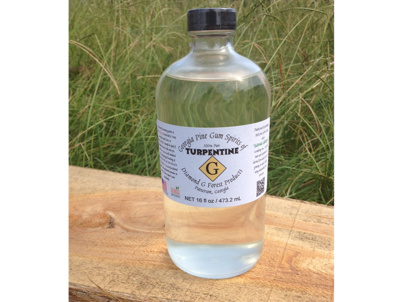 The 16oz size of 100% Pure Gum Spirits of Turpentine, in glass bottle, handcrafted in small batches by Diamond G Forest Products from southern pine in south Georgia, USA